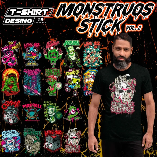 Pack de vectores Monstruos Stick Vol. 2 con 18 diseños inspirados en Halloween para estampado en camisetas y productos personalizados, en formatos .ai y .png, mostrados en un mockup con camiseta negra.