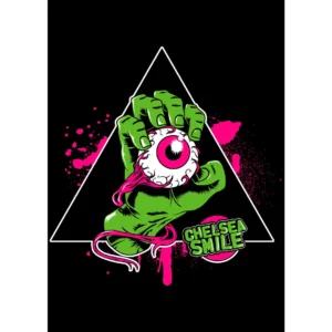 Vector de Halloween 'Chelsea Smile' para estampados en camisetas y productos personalizados, mostrando una mano verde monstruosa sosteniendo un ojo, ideal para emprendedores y negocios de personalización.