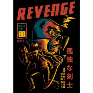 Diseño vectorial de samurai retro “Revenge” para estampado, ideal para camisetas, sudaderas y productos personalizados. Disponible en formato .ai y .png con mockups de camisetas negras, listo para emprendedores y negocios de personalización.