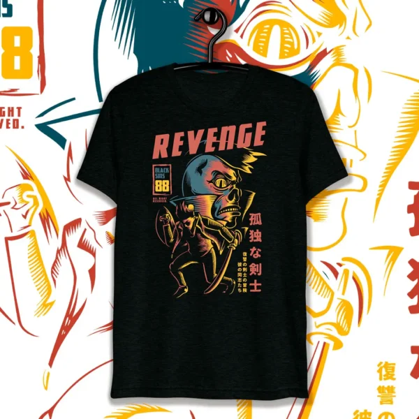 Diseño vectorial de samurai retro “Revenge” para estampado, ideal para camisetas, sudaderas y productos personalizados. Disponible en formato .ai y .png con mockups de camisetas negras, listo para emprendedores y negocios de personalización.