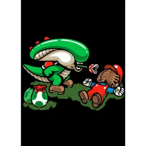 Ilustración de un Yoshi estilo Alien enfrentándose a un Mario caído, diseño exclusivo para estampados en playeras y sudaderas, disponible en formatos vectoriales y PNG para personalización.