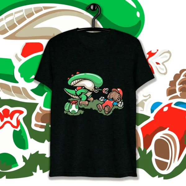 Ilustración de un Yoshi estilo Alien enfrentándose a un Mario caído, diseño exclusivo para estampados en playeras y sudaderas, disponible en formatos vectoriales y PNG para personalización.