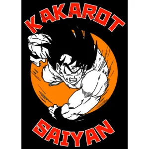 Vector de Kakarot Saiyan en formato .ai y .png para estampados, ideal para personalizar playeras, sudaderas y artículos. Disponible en Subliwork para emprendedores de personalización de productos.