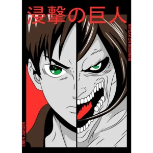 Vector de Eren, el Titan de Ataque de Attack on Titan, en formato .ai y .png para estampar playeras, sudaderas y personalizar artículos. Mockup de playera negra incluido.