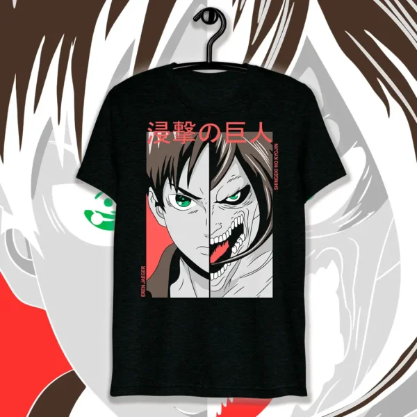 Vector de Eren, el Titan de Ataque de Attack on Titan, en formato .ai y .png para estampar playeras, sudaderas y personalizar artículos. Mockup de playera negra incluido.