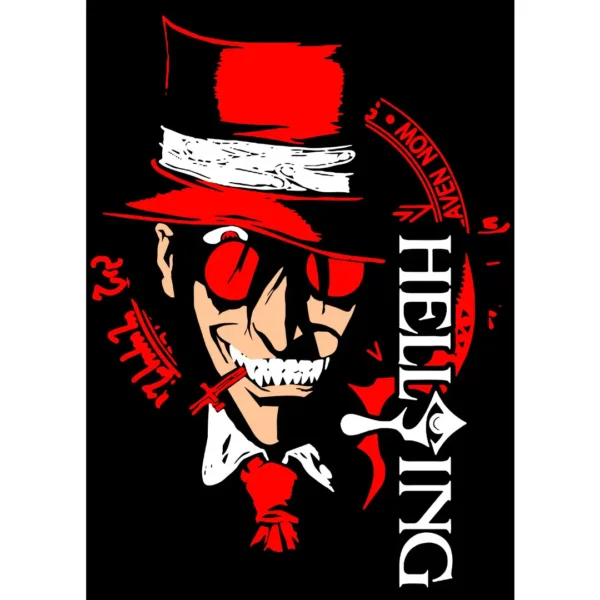 Vector de Hellsing en formato .ai y .png, ideal para estampado en playeras y personalización de productos. Diseño en alta calidad con detalles del personaje de Hellsing, listo para impresión y personalización en diferentes artículos.