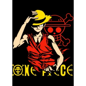 Diseño vectorial de Luffy de One Piece en formato .ai y .png para estampar camisetas, sudaderas y más. Incluye mockups de playeras negras con fondo transparente, ideal para personalización de productos.