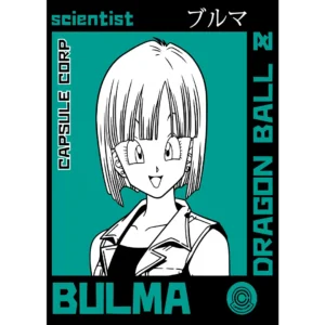 Vector de Bulma en formato .ai y .png, ideal para estampados personalizados en playeras, sudaderas y otros artículos. Incluye mockups de playeras negras con fondo transparente.