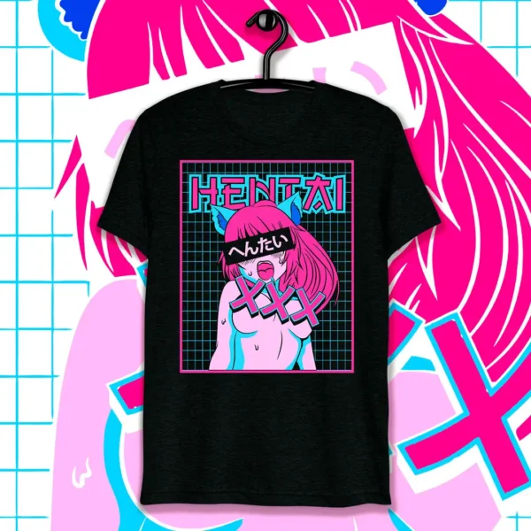 Vector vibrante estilo anime en formatos .AI y .PNG para estampados personalizados, incluye mockups para camisetas negras. Ideal para negocios de personalización.