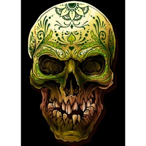 Vector de calavera decorativa con detalles intrincados en tonos verdes y amarillos, ideal para estampar en playeras, sudaderas y otros artículos personalizables.