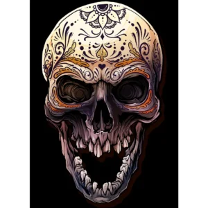 Vector exclusivo de calavera detallada con estilo moderno, ideal para estampados en camisetas, sudaderas y artículos personalizables. Disponible en formatos .AI y .PNG, incluye mockups de camisetas negras.