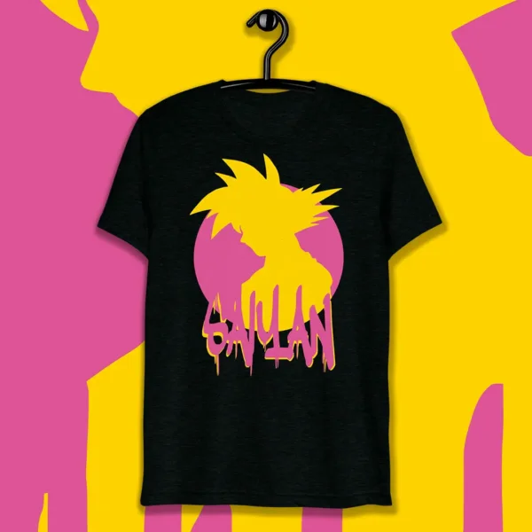 Ilustración de diseño vectorial Saiyan en colores vibrantes, ideal para estampados en playeras, sudaderas y productos personalizados, disponible en formatos .ai y .png.