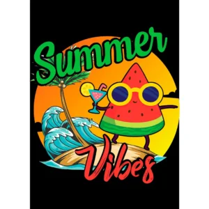 Vector de 'Summer Vibes' que muestra una rebanada de sandía con gafas de sol, disfrutando de un cóctel en una playa con olas y una palmera, en un cálido atardecer. Ideal para estampar playeras y personalizar artículos.