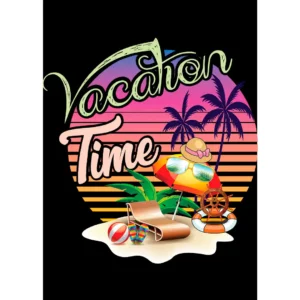 Vector de diseño tropical 'Vacation Time' con palmeras, sombrilla, silla de playa y colores veraniegos, ideal para personalización de playeras y artículos.