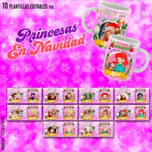 Pack de 10 plantillas editables para sublimar tazas navideñas con diseños de princesas, incluye mockups, archivos PSD y PNG.