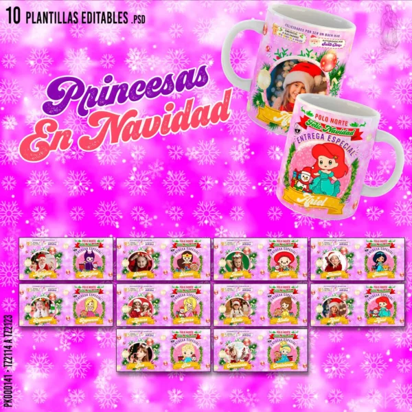 Pack de 10 plantillas editables para sublimar tazas navideñas con diseños de princesas, incluye mockups, archivos PSD y PNG.