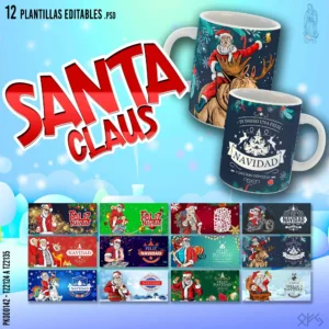 Pack de 12 plantillas editables de Santa Claus para sublimar tazas de Navidad en formatos PSD y PNG con mockups.