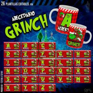 Pack de 26 plantillas editables del Abecedario Grinch para sublimar tazas navideñas, incluye diseños en PSD y PNG, mockups con fondo transparente y fuentes personalizables.