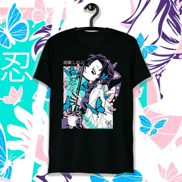 Vector de Shinobu Kocho de Demon Slayer en formatos .ai y .png, ideal para estampar playeras, sudaderas y artículos personalizables, acompañado de mockups en fondo transparente.
