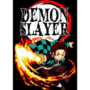 Vector de diseño inspirado en anime Demon Slayer para estampar playeras y sudaderas, con llamas dinámicas y un personaje en pose de batalla.