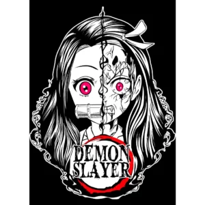 Vector de Nezuko Kamado de Demon Slayer mostrando una versión dividida entre su lado humano y demoníaco, ideal para estampados en playeras y artículos personalizados.