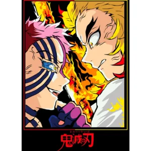 Vector de Akaza vs Rengoku de Demon Slayer, ilustración de alta calidad para personalización de playeras y artículos personalizados, con llamas y detalles vibrantes del épico duelo.