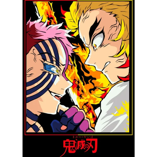 Vector de Akaza vs Rengoku de Demon Slayer, ilustración de alta calidad para personalización de playeras y artículos personalizados, con llamas y detalles vibrantes del épico duelo.