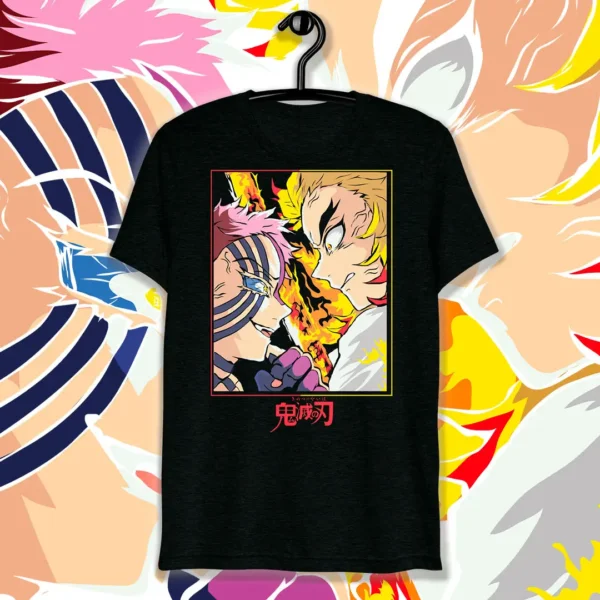 Vector de Akaza vs Rengoku de Demon Slayer, ilustración de alta calidad para personalización de playeras y artículos personalizados, con llamas y detalles vibrantes del épico duelo.