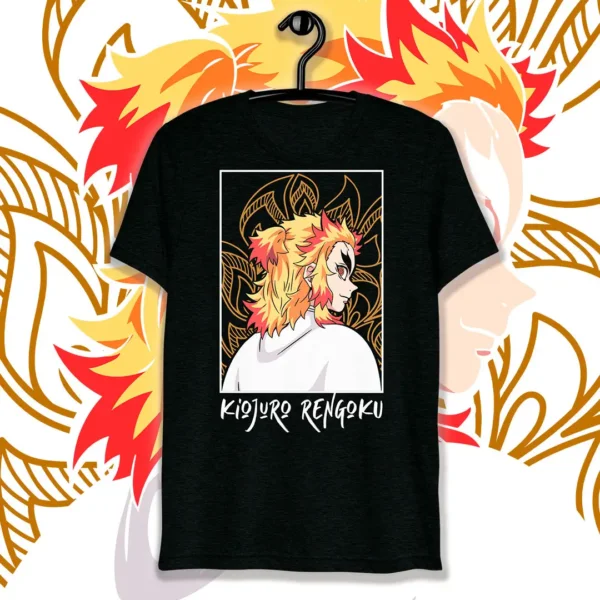 Vector de Kyojuro Rengoku de Demon Slayer con cabello rojo y amarillo, mirando hacia atrás, ideal para estampar en playeras y sudaderas.