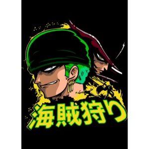 Vector de Roronoa Zoro para estampado en playeras, con detalles vibrantes y mockups incluidos, ideal para emprendedores de personalización.