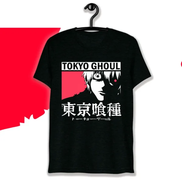Vector de Ken Kaneki de Tokyo Ghoul en estilo anime, con fondo rojo y negro, ideal para estampado en playeras y artículos personalizados.