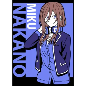 Vector descargable de Miku Nakano del anime Go Toubun no Hanayome, ideal para estampados personalizados en camisetas, sudaderas y más, incluye mockups de camisetas negras.