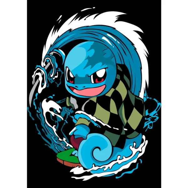Vector de Squirtle surfista inspirado en Pokémon, listo para estampar en playeras, sudaderas y más. Ideal para emprendedores de personalización.