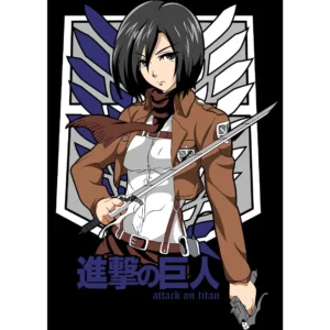 Vector de Mikasa Ackerman del anime Attack on Titan en formatos .ai y .png, ideal para personalización de playeras, sudaderas y más, con mockups de playeras negras incluidos.