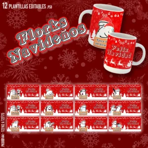 Pack de plantillas navideñas Florks para sublimar tazas – 12 diseños editables en PSD y PNG, incluye mockups transparentes y fuentes tipográficas.