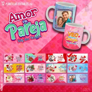 Pack de 12 plantillas editables para sublimar tazas de San Valentín, formatos PSD y PNG con diseños románticos personalizables, ideal para emprendedores y negocios de sublimación.