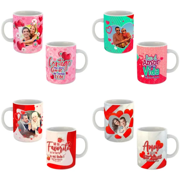 Pack de 12 plantillas editables para sublimar tazas de San Valentín, formatos PSD y PNG con diseños románticos personalizables, ideal para emprendedores y negocios de sublimación.