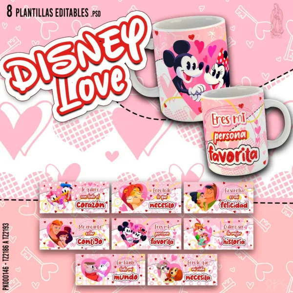 Pack de 8 plantillas editables para sublimar tazas de San Valentín, con diseños románticos de parejas Disney en formatos PSD y PNG, ideal para emprendedores de sublimación y personalización.