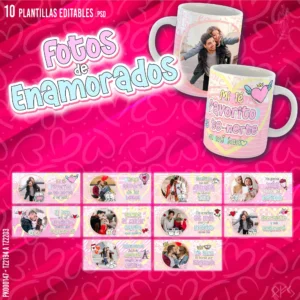 Pack de 10 plantillas editables para sublimar tazas de San Valentín en formato PSD y PNG, diseños románticos personalizables con fotos y frases. Ideal para emprendedores y negocios de personalización.