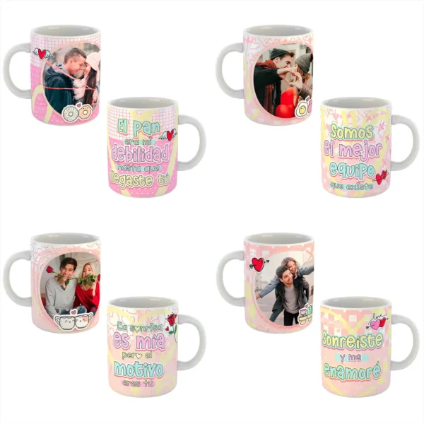 Pack de 10 plantillas editables para sublimar tazas de San Valentín en formato PSD y PNG, diseños románticos personalizables con fotos y frases. Ideal para emprendedores y negocios de personalización.