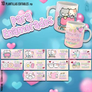 Pack de 10 plantillas editables para sublimar tazas de San Valentín. Diseños románticos con frases de amor en formatos PSD y PNG, ideales para emprendedores y personalización.