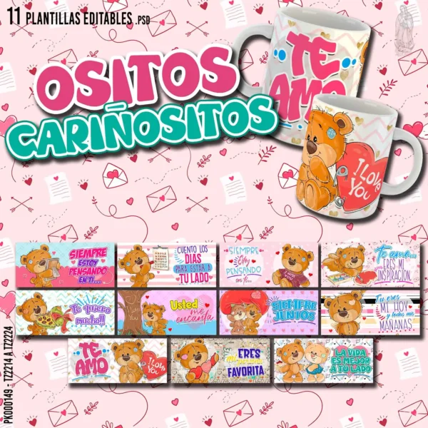 Pack de 11 plantillas editables para sublimar tazas de San Valentín con adorables diseños de ositos y frases románticas en formatos PSD y PNG.