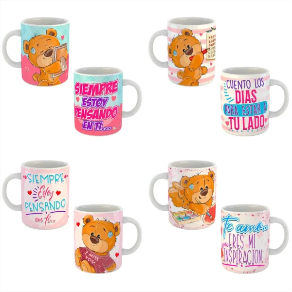 Pack de 11 plantillas editables para sublimar tazas de San Valentín con adorables diseños de ositos y frases románticas en formatos PSD y PNG.