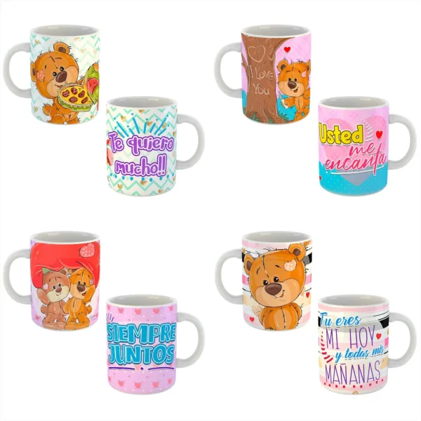Pack de 11 plantillas editables para sublimar tazas de San Valentín con adorables diseños de ositos y frases románticas en formatos PSD y PNG.