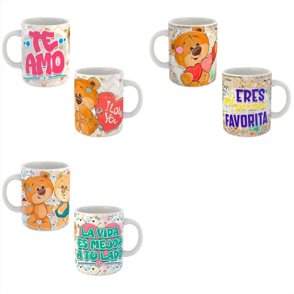 Pack de 11 plantillas editables para sublimar tazas de San Valentín con adorables diseños de ositos y frases románticas en formatos PSD y PNG.
