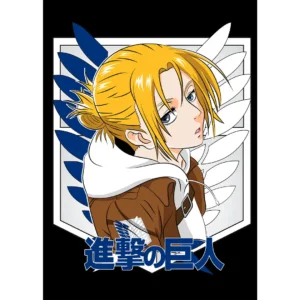 Vector de Annie Leonhart de Attack on Titan en formatos .ai y .png para estampados en playeras y productos personalizados, incluye mockups de playeras negras.