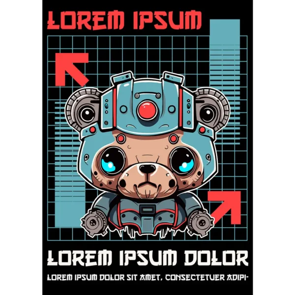 Vector de oso chibi futurista con elementos robóticos y estilo moderno, ideal para personalización de playeras y artículos estampados.