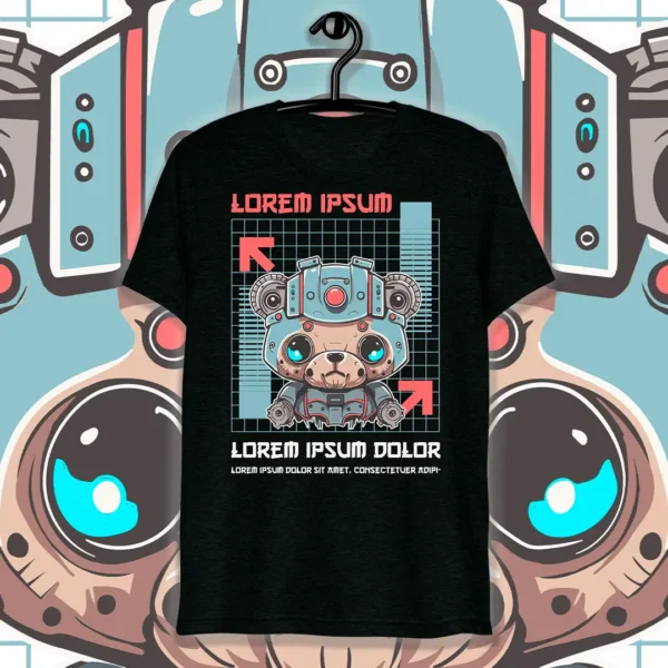 Vector de oso chibi futurista con elementos robóticos y estilo moderno, ideal para personalización de playeras y artículos estampados.