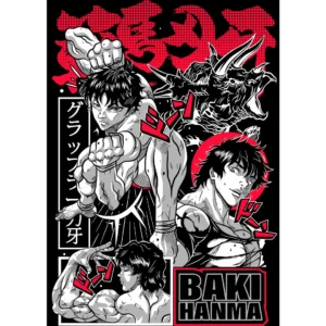 Vector de Baki Hanma inspirado en el anime Baki the Grappler, ideal para estampar playeras y productos personalizados. Formatos AI y PNG, con mockups incluidos.