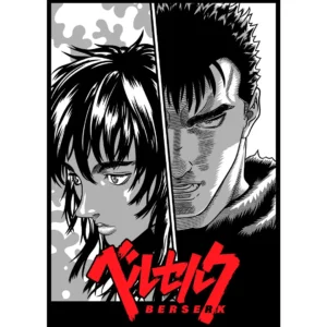 Vector de Guts y Casca del anime Berserk en blanco y negro, ideal para estampados personalizados en playeras y sudaderas.